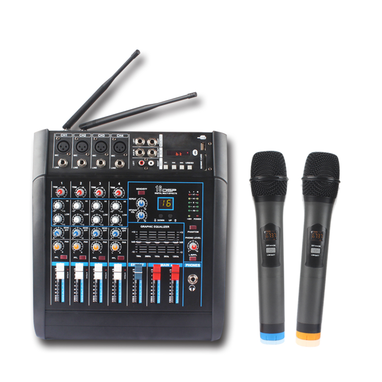 Professional Build-in Power Amplifier 4 Channel Audio Mixer With Wireless Microphone 