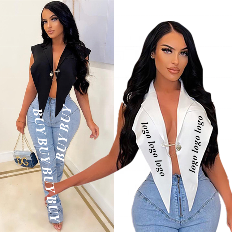 Elegant Designers Mini Suit Coat Front Pin White Black 2 Color Sleeveless Sexy Women Crop Top T Shirt Women's Blouses 