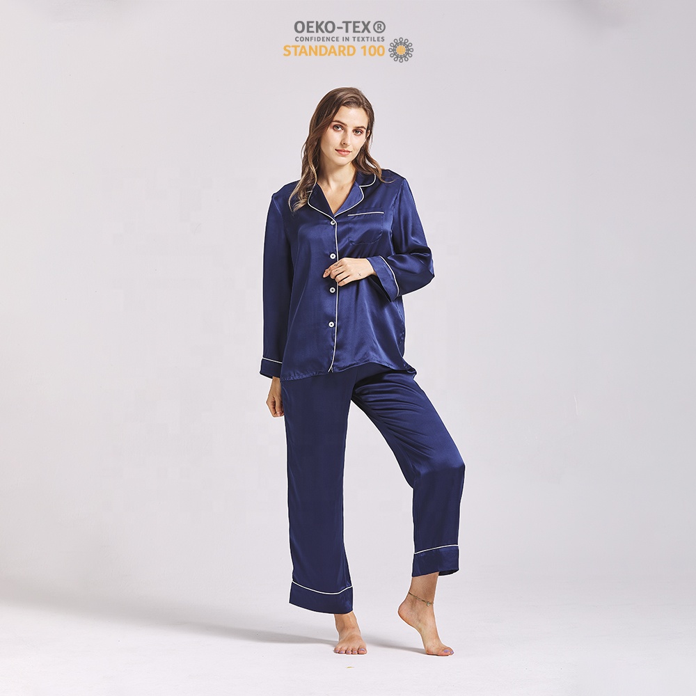 High Quality 22 Momme Navy Blue Silk Pajama Set Long Sleeve Silk Sleepwear Elastic Waist Silk Pyjamas Women 