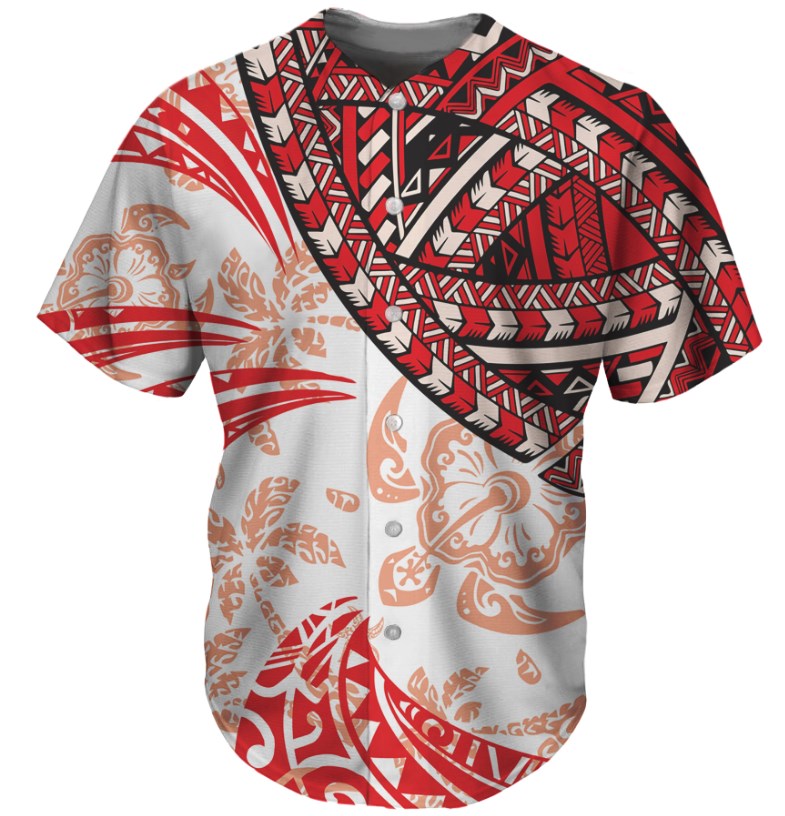 Red Hawaii Style Patchwork Polynesian Tribal Design Sports Wear Blank Clothing Custom Button Jersey Shirt Fashion Men&#39;s T-shirt 