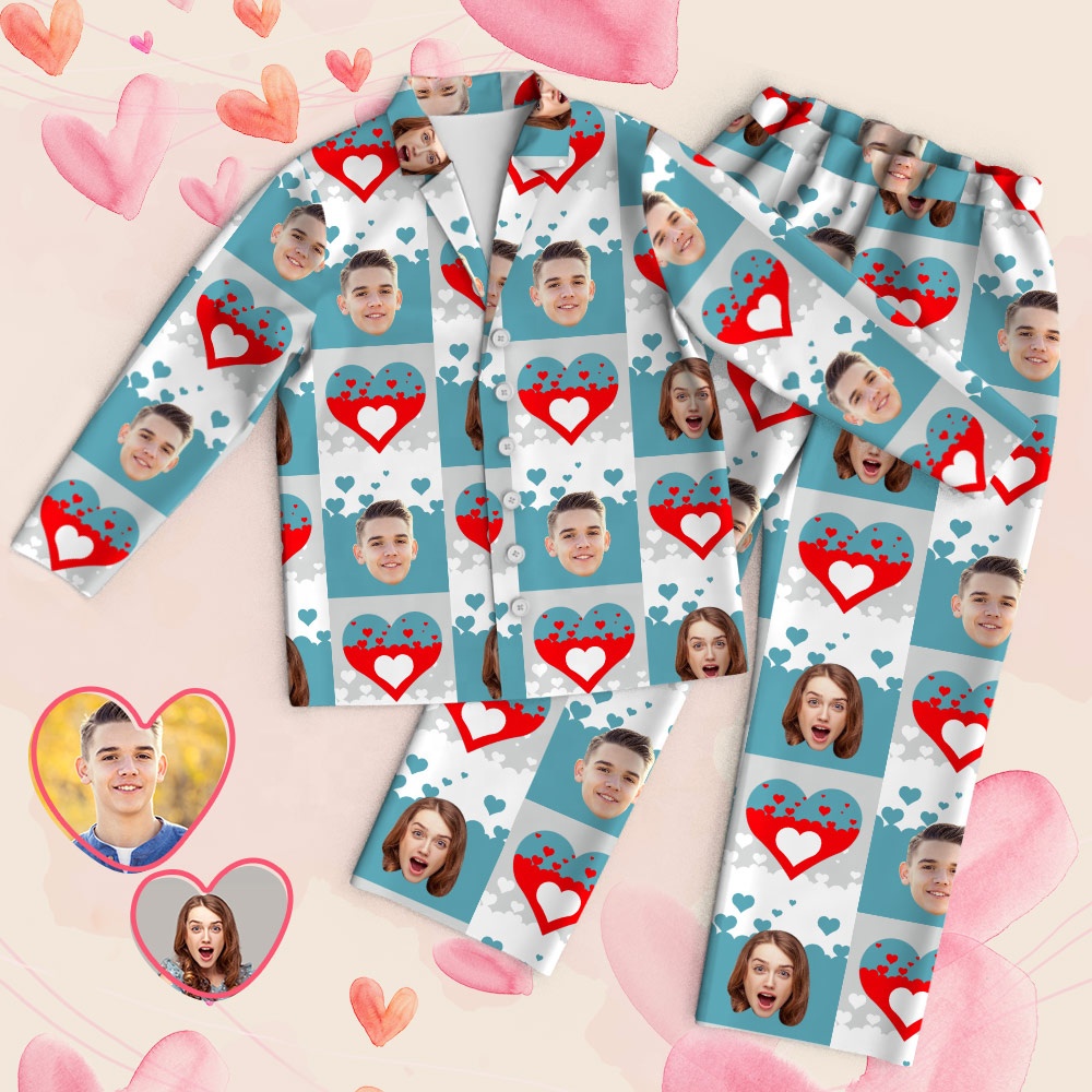 Valentines Day Custom Printed Face Pajamas Personalized Heart Long Sleeve Pyjamas Women Sleepwear For Couple 