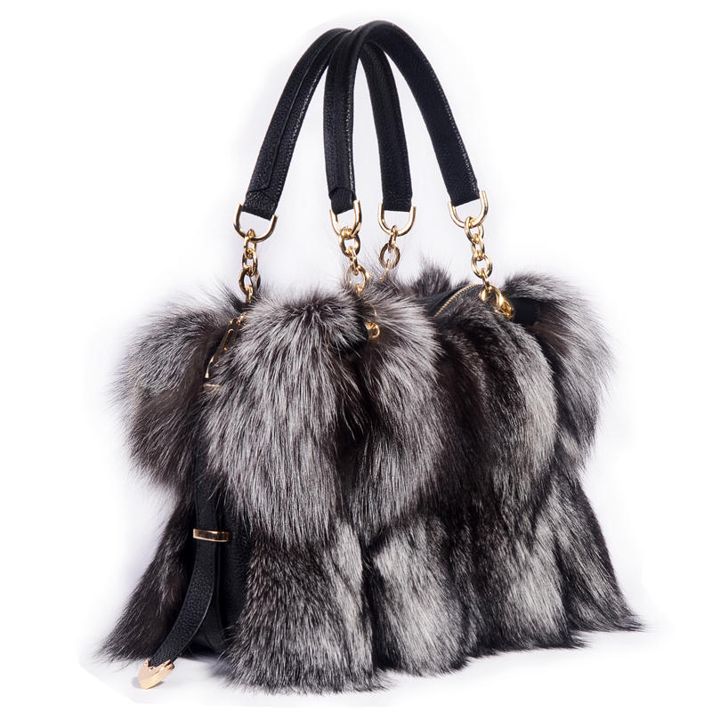 Natural Color Mix Raccoon Luxury Women Cowhide Ladies Fashion Raccoon Fur Handbags 