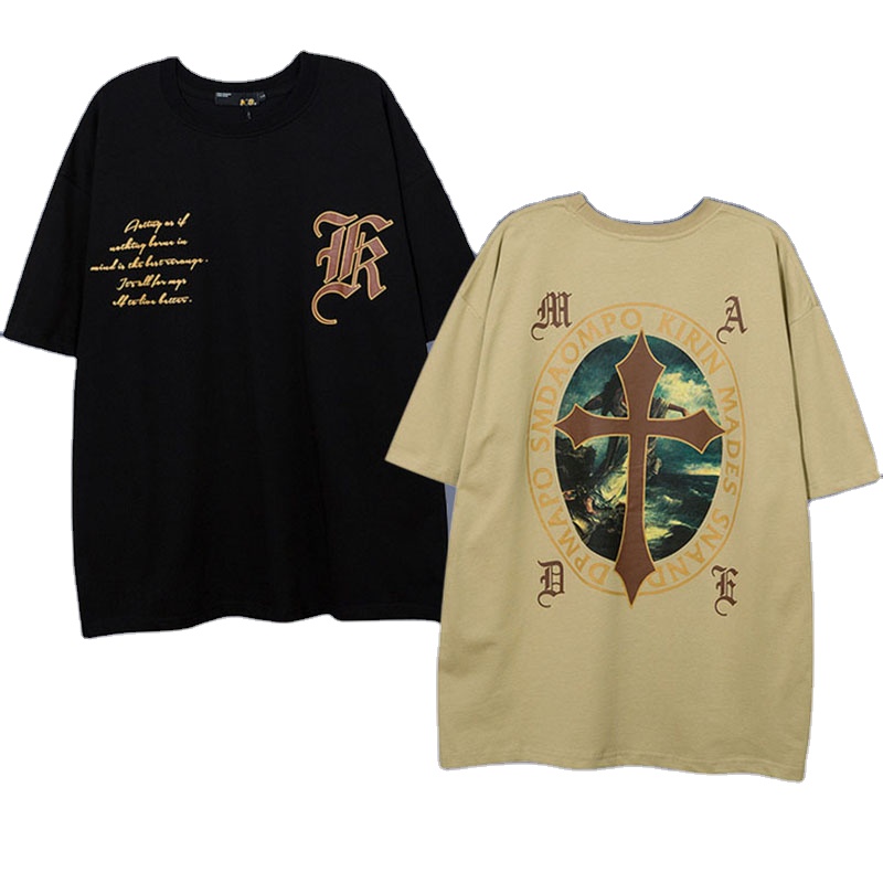 Men's T-shirt American Street Vintage Crosses Print Short-sleeved 2023 Unisex New Oversized Trend T-shirts 