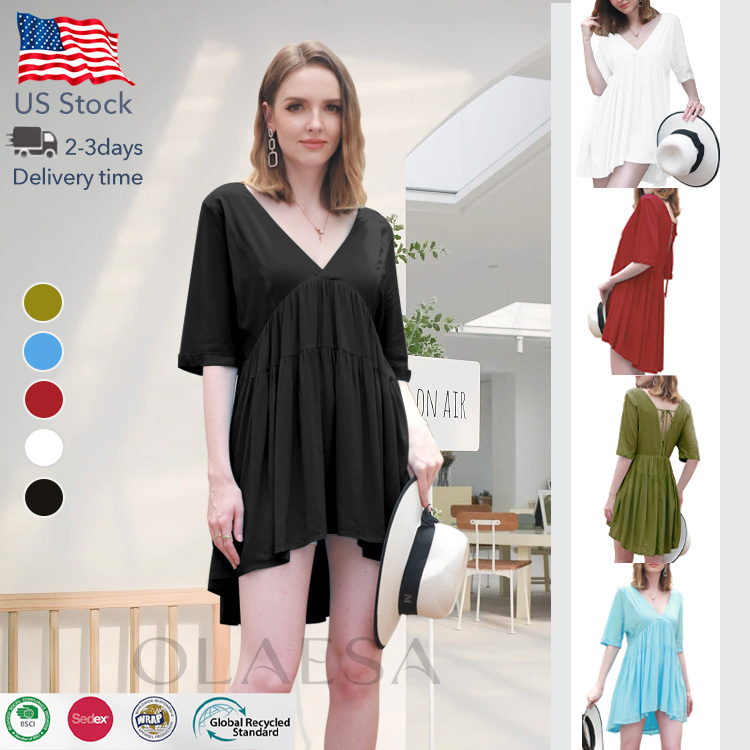 2023 Usa In Stock Black Red Blue Green V Neck Short Sleeve Backless Knitted Mini Babydoll Dress Summer Dress Women Dress 