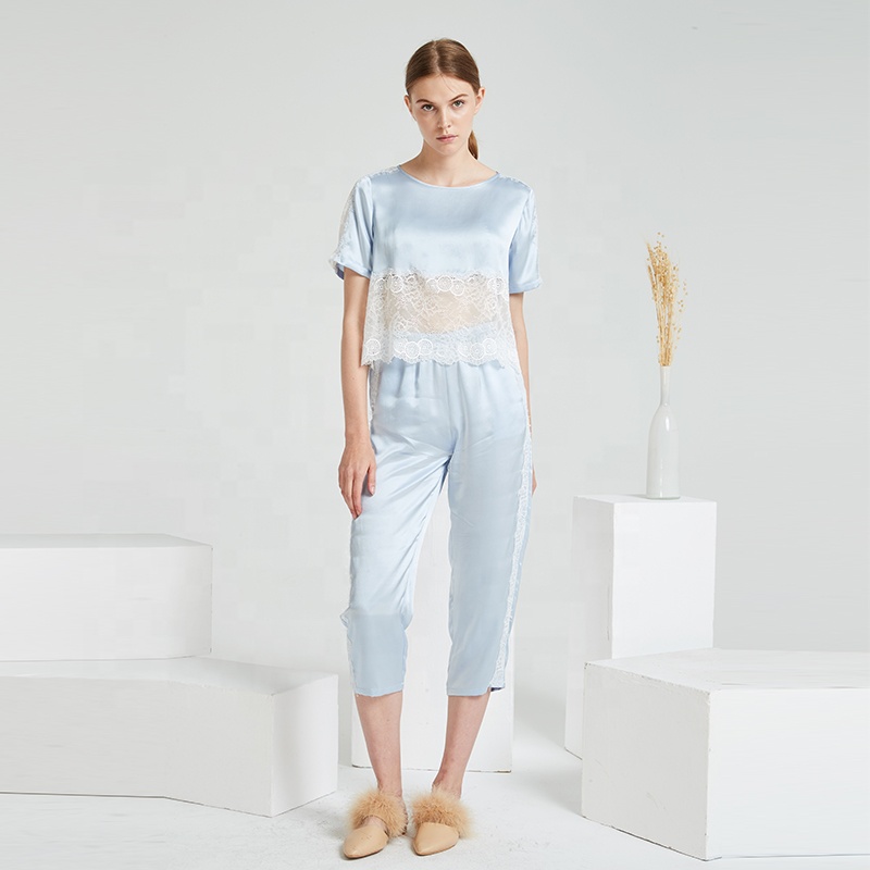 Sexy Lace Two Piece Pajamas Sleepwear Luxury Real 100% Silk Pajamas Set Women's Silk Pajamas 