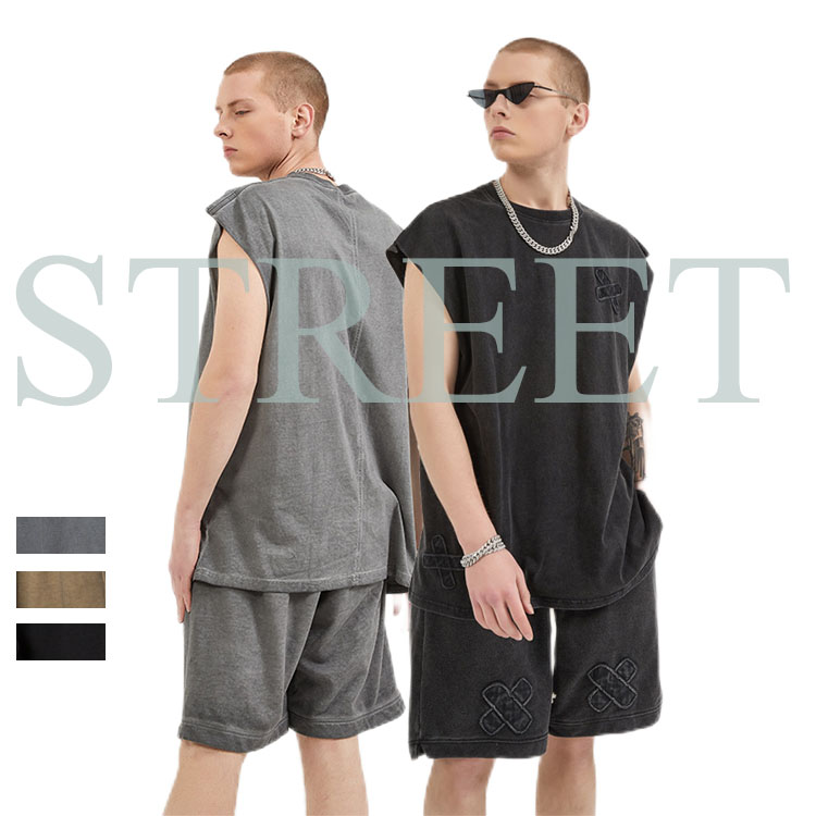 Men&#39;s Retro Wash Old Sleeveless Vest High Street Style Loose Breathable Fashion Shorts Suit