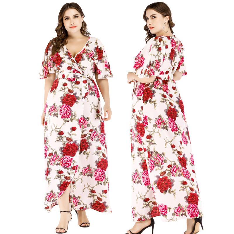 Custom Print Flower V Neck Party Long Dresses Pleated Plus Size Women Floral Printed Evening Casual Ruffle Dress With Belt 