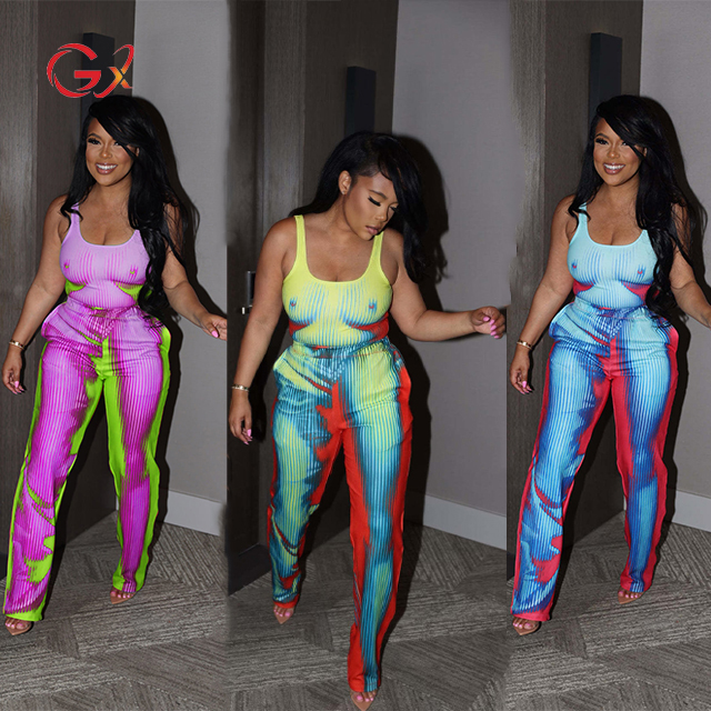Gx0693 Wholesale New 2023 Summer Street Wear Sexy Sleeveless Vest T-shirt And Pant Women 2 Piece Set 3d Body Print Outfit 