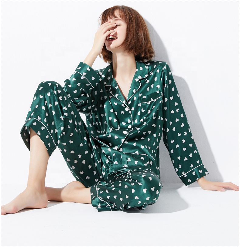 Custom High Quality Pure Silk Sleepwear Print Pajamas Women Long Sleeve Satin Silk Pajamas Set 