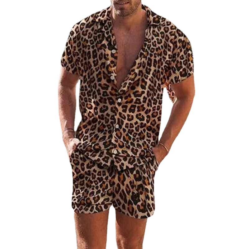Bulk Wholesale Unisex T-shirt Two Piece Pants Set Men Leopard Print Safari Suit For Men 