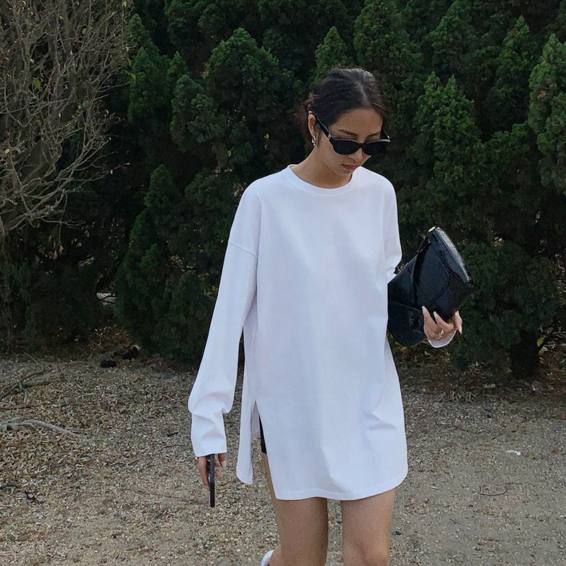 2023 New Spring Summer White Loose Long Sleeve T-shirt Women's Spring Autumn Split Oversized Mid-length T Shirt Top 