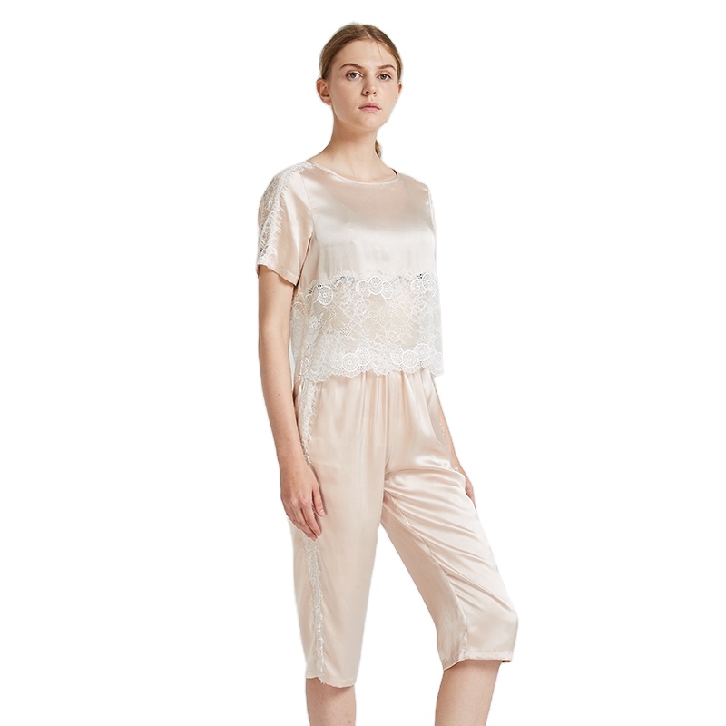 Fashion Designer Two Piece Pajamas Sleepwear Luxury Real 100% Silk Sleepwear Set Women&#39;s Silk Pajamas 