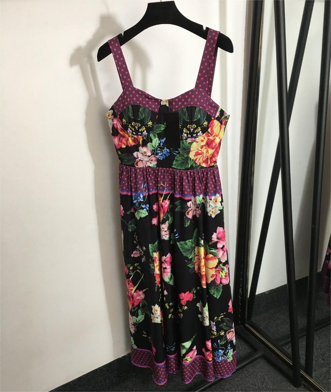2024 Summer New Women's Dress Colorful Flowers Polka Dot Print Waist Swing Top Top Fashion Trend Halter Dress
