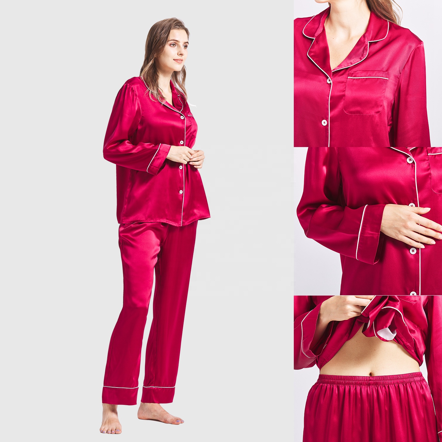 Rose Red Long Sleeves 100% Mulberry Silk Pajamas Luxury Elastic Waist Pure Silk Pajama Set 22 Momme Women Silk Sleepwear 