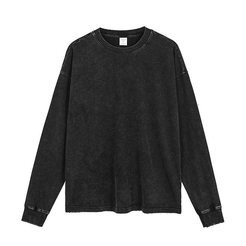 Thick Acid Washed T-shirt Heavy Old Frayed Retro Black Long-sleeved T-shirt Men Oversize Basic Wash T 