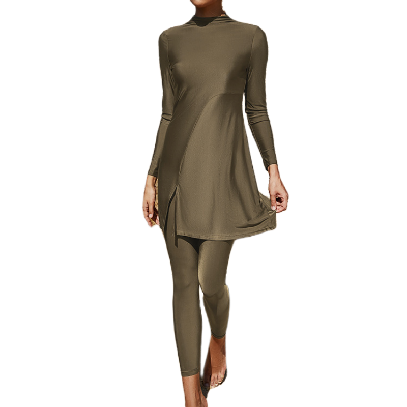 2023 Beach Swimsuit Solid Color Women's Conservative Long Sleeve 2-pieces Plus Size Muslim Swimwear 