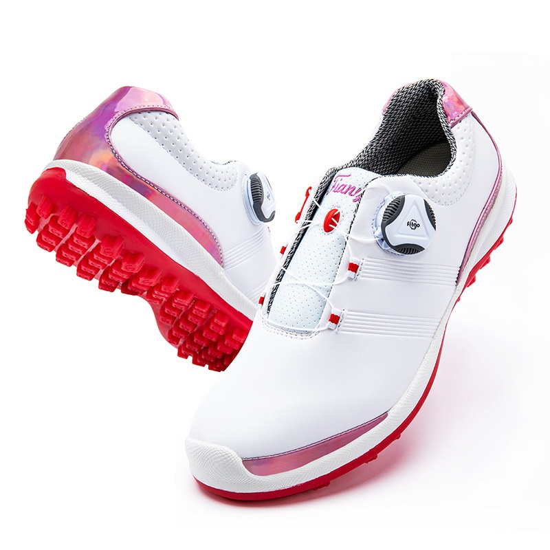 Golf Training For Women Gray Red Women Sports Shoes Genuine Leather Walking Shoes Woman Quick Lacing Ladies Golf Shoes 