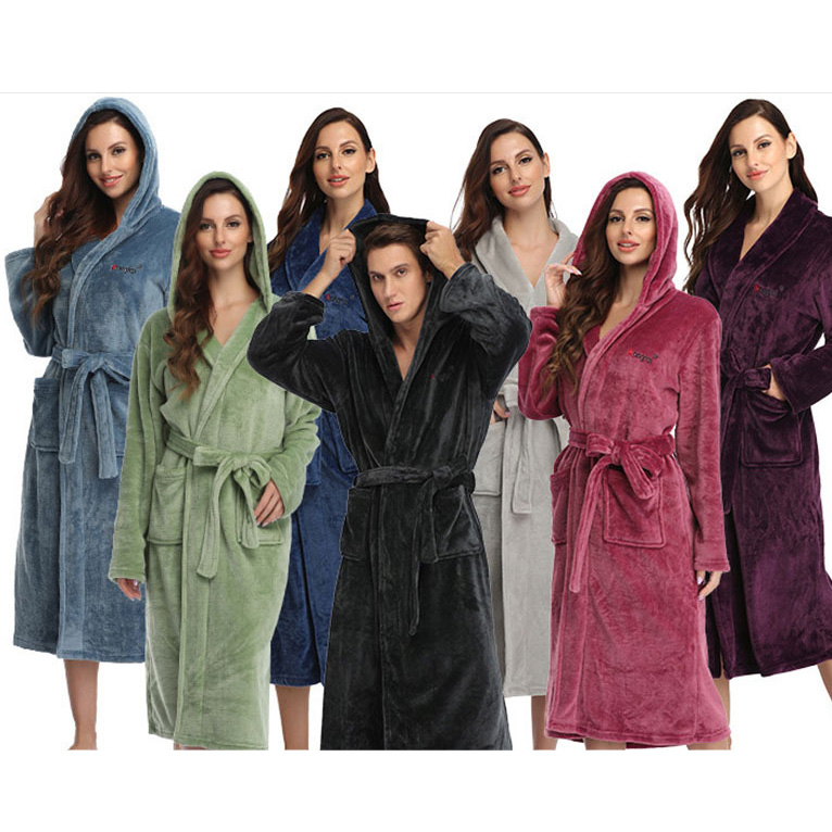 Ready Stock Flannel Bathrobe Custom Designer With Hooded For Women Grey Couple Nightgown Home Winter Velvet Hooded Bathrobes 