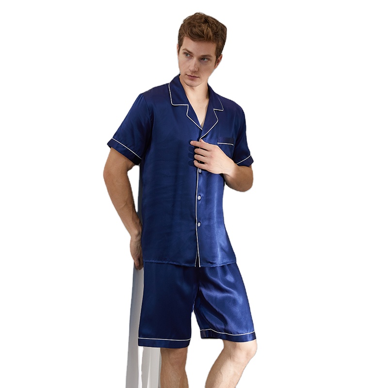 Wholesale 19mm 100% Mulberry Silk Two Piece Short Sleeve Silk Pajama Nightwear Blue Silk Men Sleepwear Pajamas 