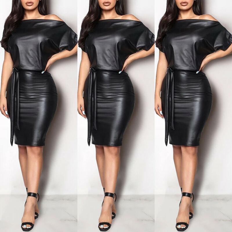 Casual Dresses Black Asymmetrical Sexy Faux Leather Bodycon Dress Women Summer Long Sleeve Knee Length Pencil 