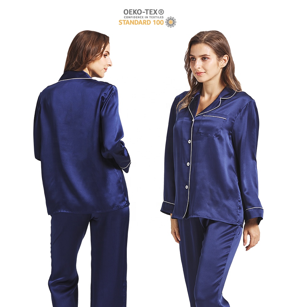 New Design Navy Blue Women Silk Sleepwear Casual Silk Pajamas Set Long Sleeve 22 Momme Organic 100% Silk Pajamas 