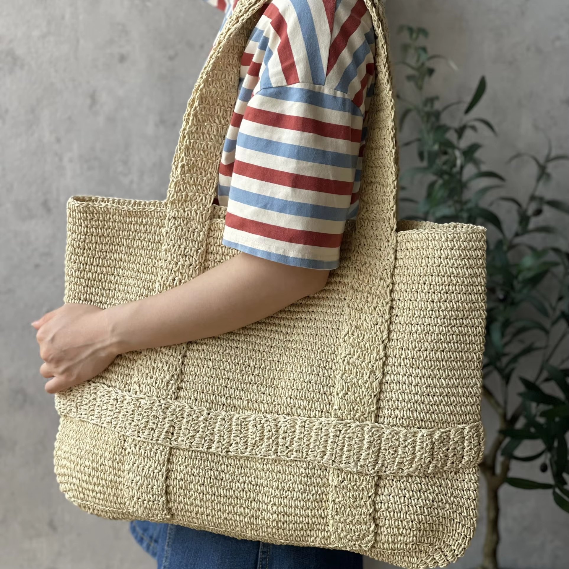 Handmade Big Boho Crochet Bag Beige Raffia Bag Women's Beach Bag