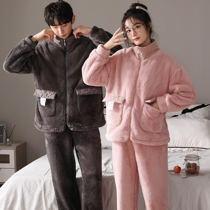 Unisex Pajamas Adult Flannel Pjs Set For Men And Women Long Sleeve Sleepwear Lovers Pajamas Couple Zipper Stand 