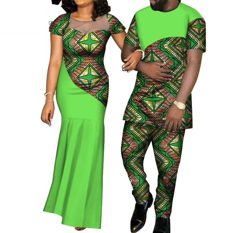 African Clothing Suppliers Cotton Wax Fabric Plus Size Africa Traditional Couple Clothing Wedding Women Dress And Men Shirts