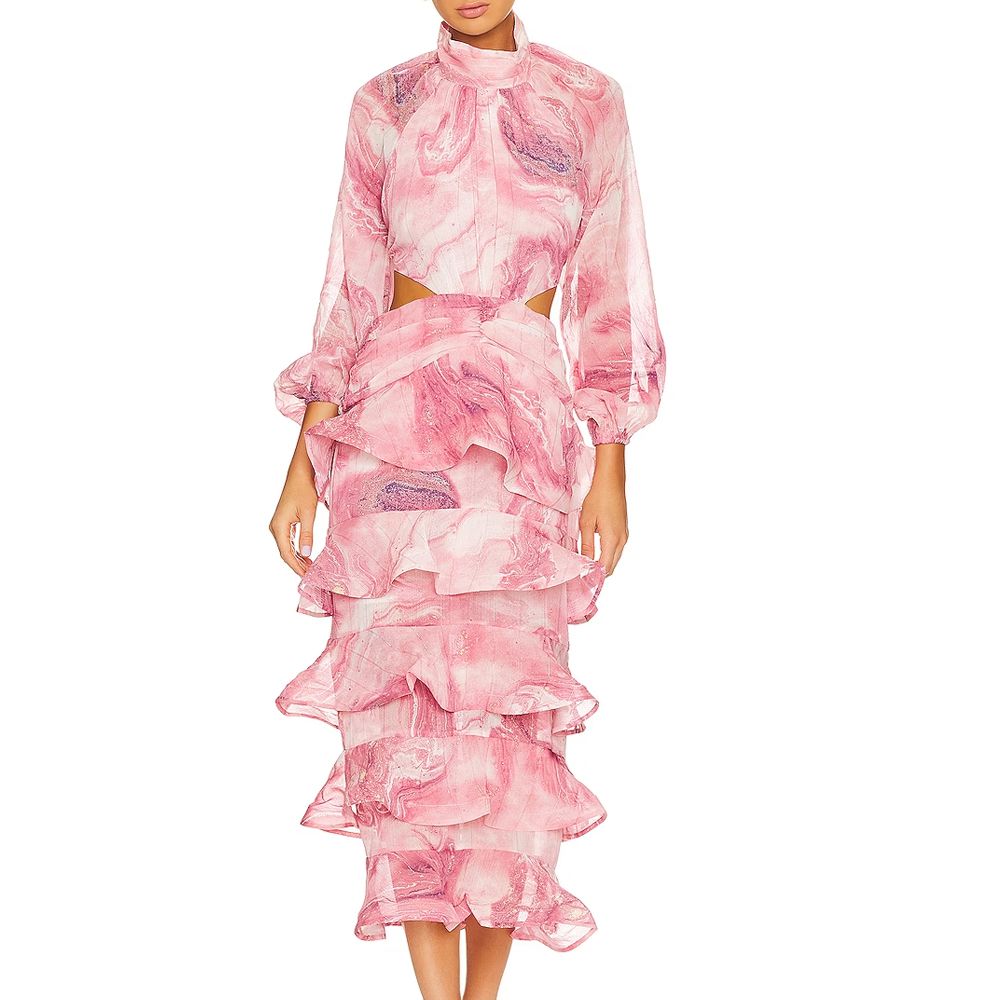 Summer Lady Style Chiffon Long Sleeve Paper Tube And Choker Women Elegant Floral Dress 