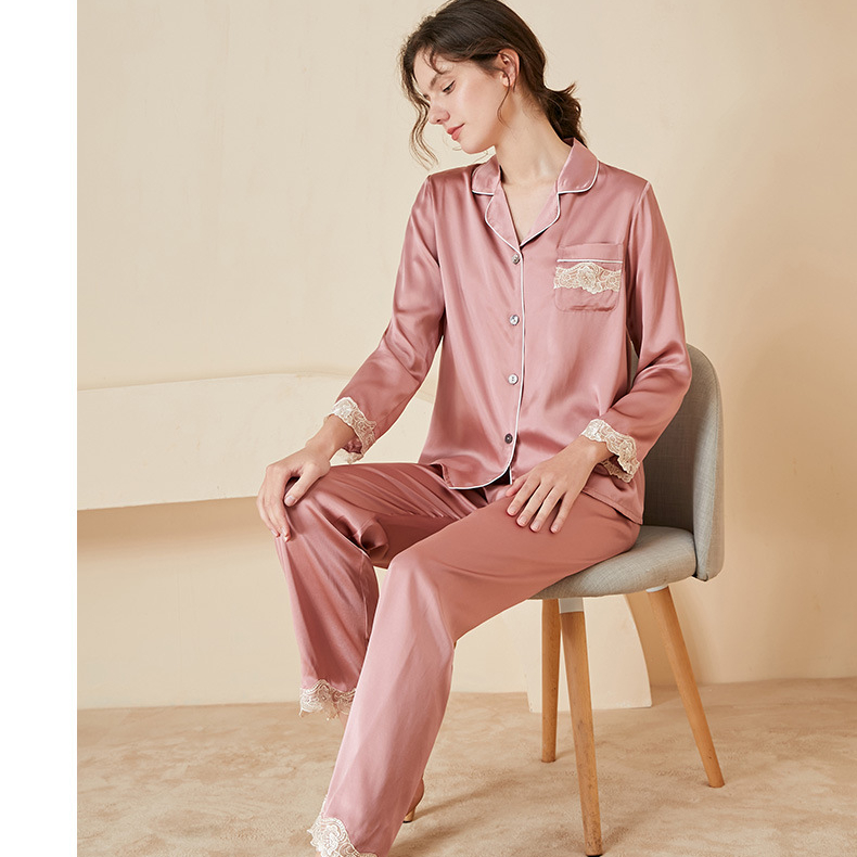 Custom Turn-down Collar Women Silk Pajamas Set Two Piece Luxury High Quality 100% Silk Women's Sleepwear For Women Set 
