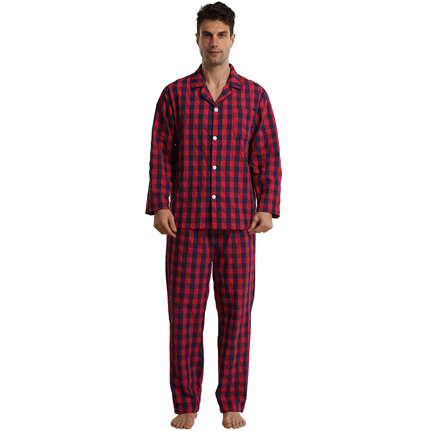 Cotton Pajamas For Men Summer Soft Comfy Long Sleeve Buffalo Plain Woven Pj Set Lounge Top Pants Sleepwear Broadcloth 