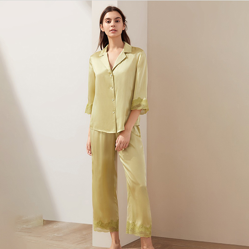 Top Sellers Solid Color Silk Pajamas Women&#39;s Sleepwear 100% Silk Satin Pajama Sets 