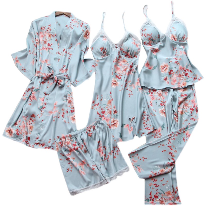 Floral Pajamas Women&#39;s Sexy 5pcs Ice Silk Thin Nightdress Long Ladies Nightgown 