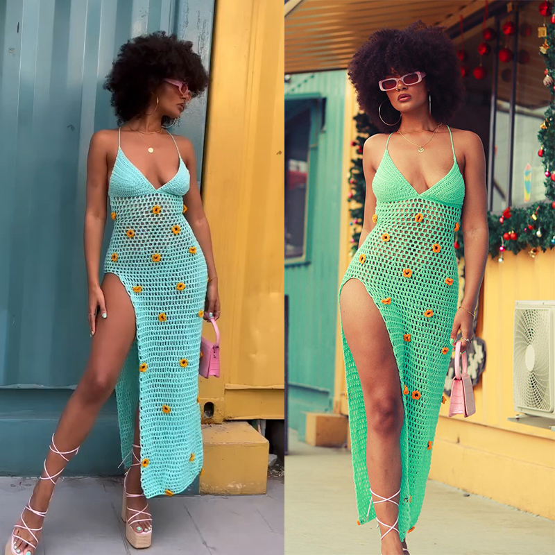 High Side Slit Knitted Long Dresses Sexy Color 2023 Summer Crochet Beach Dress For Women 