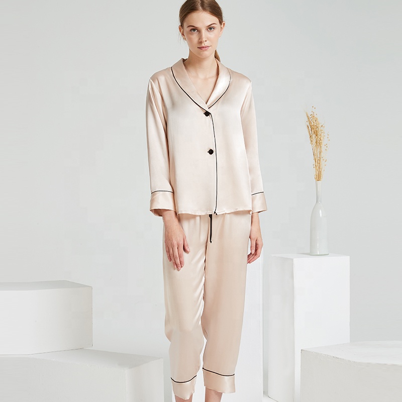 100% Chinese Silk Two Pieces 16mm 19 Mm Women's Sleepwear Luxury Long Sleeve Silk Pajamas 