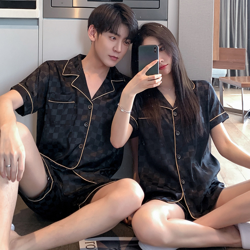 2201 Solid Print Ice Silk Satin Women&#39;s And Men Sleepwear Short Sleeve Sets Couple&#39;s Pajamas 