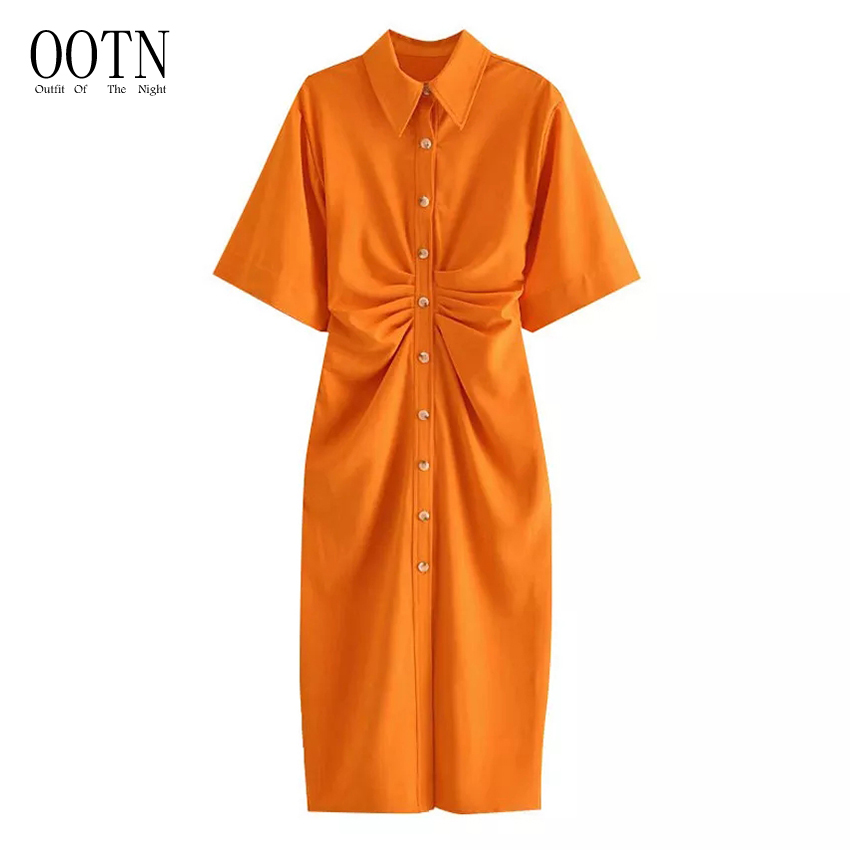 Ootn Vintage Short Sleeve Side Zipper Female Dresses Vestidos Women Chic Fashion Button-up Draped Midi Shirt Dress 