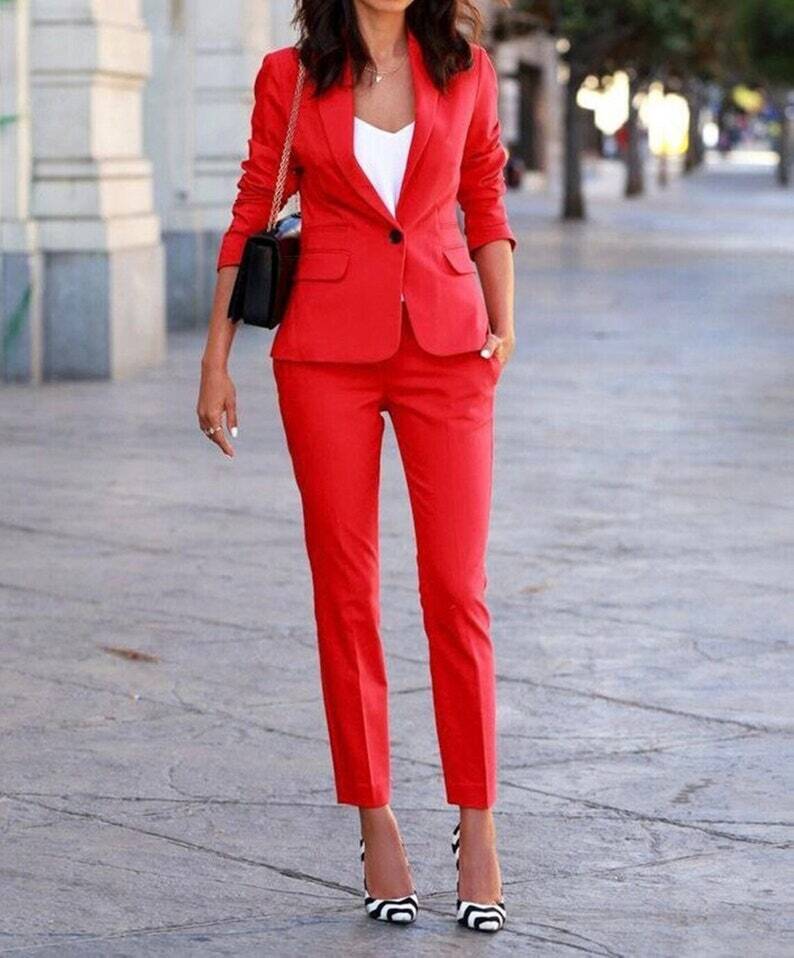 Women's Red 2 Piece Suit. Bespoke 1 Button Coat. Luxury Style Blazar and Pant Office Lady Formal Two Piece Bulk Product