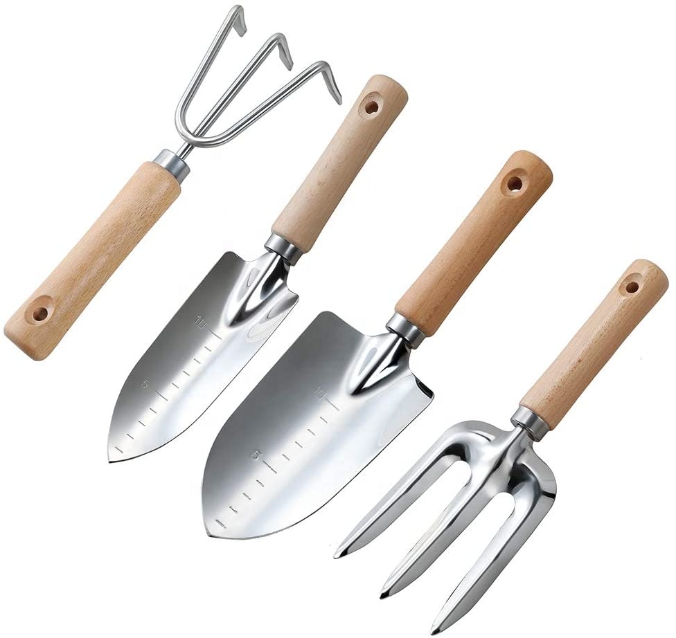 Garden Tool Set - 4 Pieces Heavy Duty Garden Hand Tools Kit With Wooden Handle 