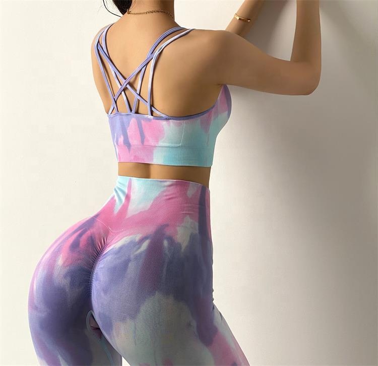 2022 European And American Seamless Knitted Tie-dye Clothes High Waist Tight-fitting Beautiful Back Sportswear Yoga Short Set 
