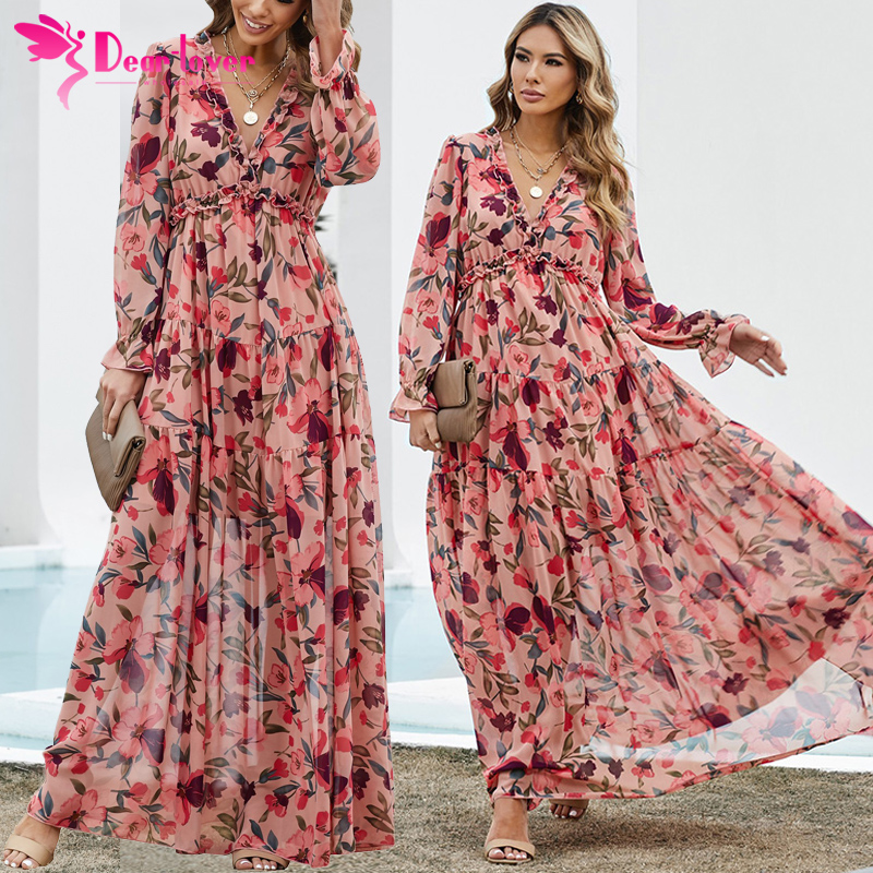 Dear-lover American Clothing Bulk Wholesale Women Tiered Pleat Elegant Floral Printing Casual Boho Long Sleeve Maxi Dress Ladies 