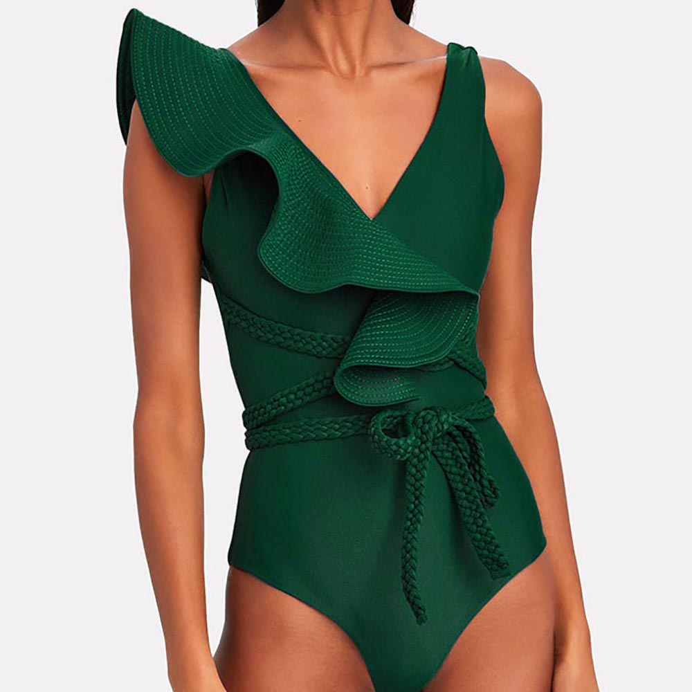 2023 New Sexy Ruffle Solid Strappy One Piece Swimsuit Off The Shoulder Swimwear Women Solid Deep-v Beachwear Bathing Suit Monkin 