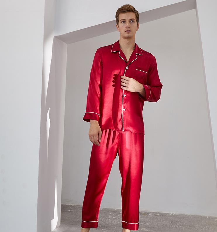 Men Luxury Sleepwear 100% Silk Satin Pajamas Set Soft Long Sleeve Loungewear Set 