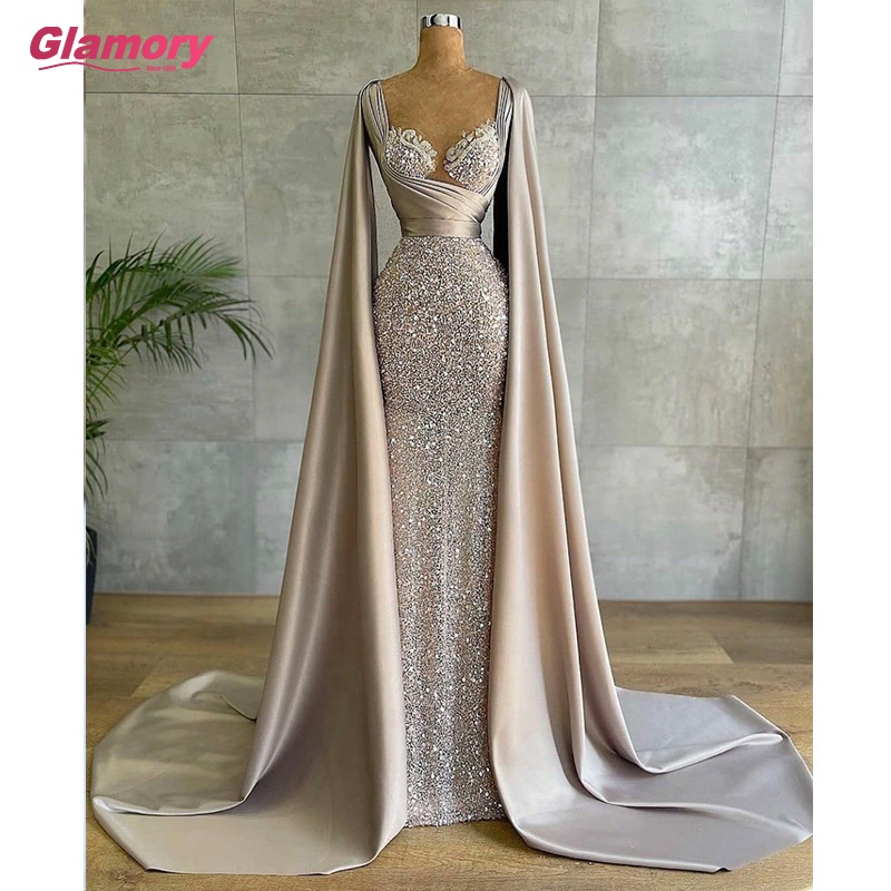 2021 Long Sleeves Mermaid Evening Dresses Long Satin Party Gowns Beading Elegant Evening Dresses For Women 