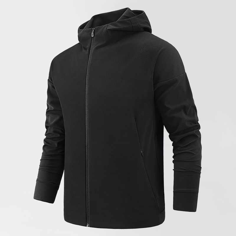 100% Polyester 170 Grams Full Zip Up Hooded Sportswear Wholesale Men&#39;s Sportswear Plain Black Training Wear 
