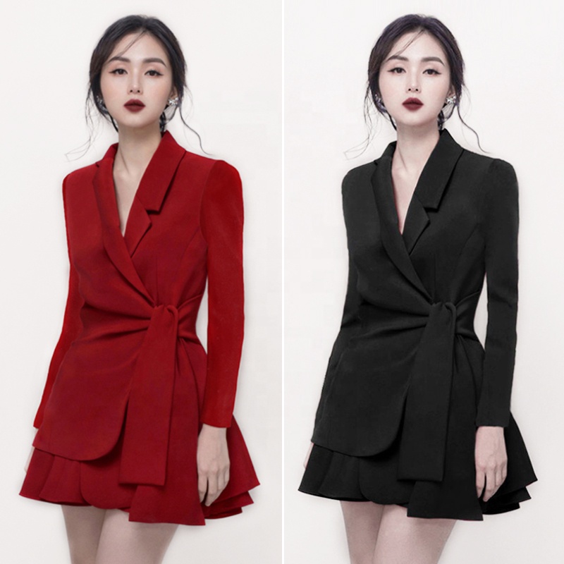 Mz18368 Fashion High-end Clothing Two Piece Skirt Sets V-neck Long Sleeve Women Office Dress 