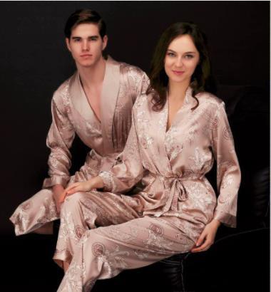 2019 Silk Pyjamas Mens Satin Pajamas Long Sleeve Couple Pajamas Set Silk Pijama Mens Silk Sleepwear 