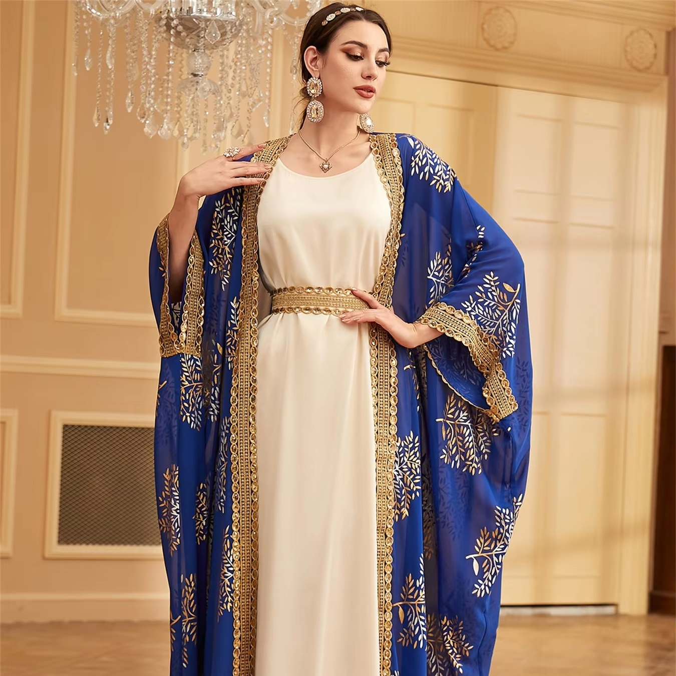 W-64 Middle East Dubai Evening Elegant Long Dress Muslim Women's Clothing Printed Fashion Belt Bat Sleeve Abaya Two Piece Set