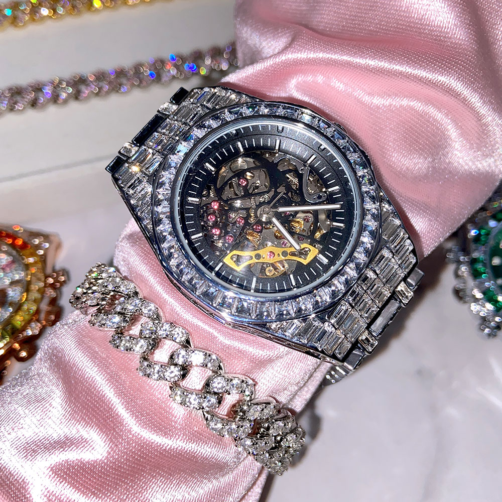 2022 Cool Mechanical Wrist Watch Luxury Rose Gold Plated Leisure Amazing Bling Bling Baguette Cut Icy Out Diamond Men Hand Watch 