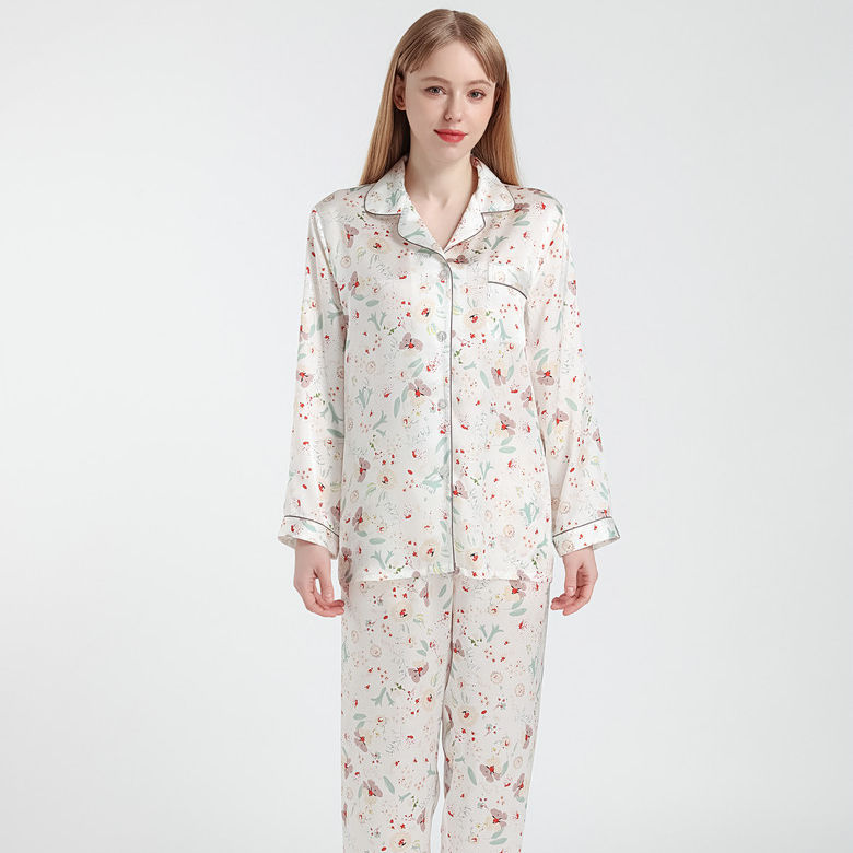 Wholesale Long Sleeve 100% Silk Print Pajamas 2 Pieces Set Mulberry Silk Luxury Pajamas Set For Women 